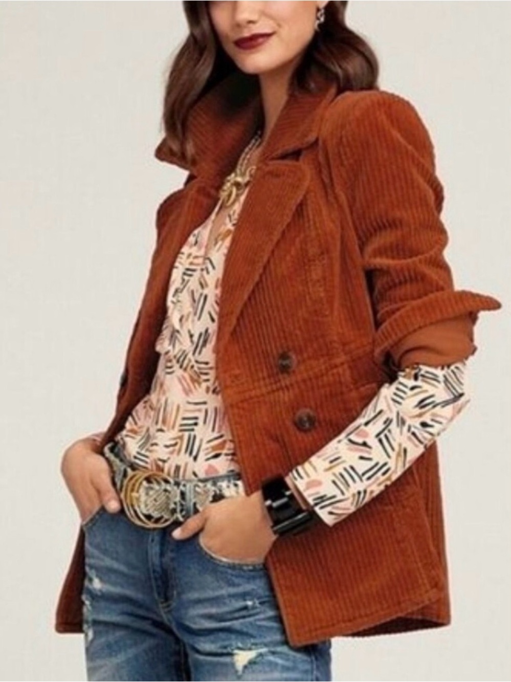 CAbi Rust Corduroy Double-Breasted Blazer